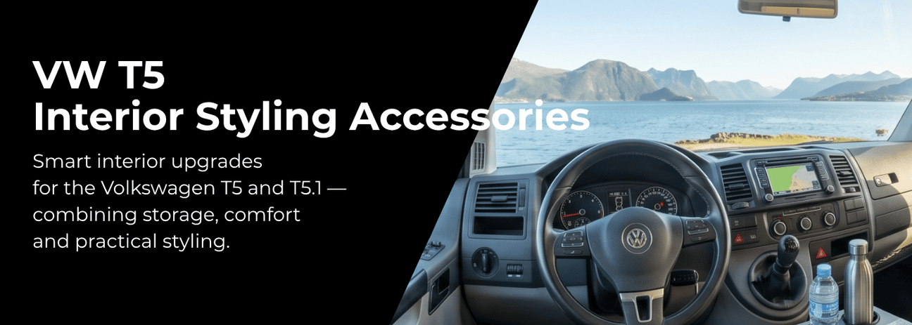VW T5 Transporter interior styling accessories including curtains, dashboard upgrades and storage solutions