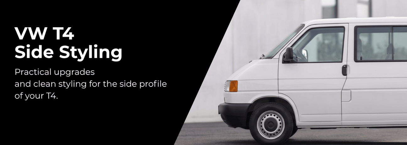 VW T4 Transporter side styling accessories including door handles, windows, and wheel arch protectors