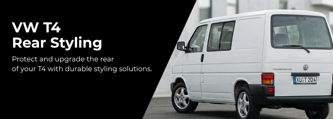 VW T4 Transporter rear styling accessories including LED lights and stainless steel trim components
