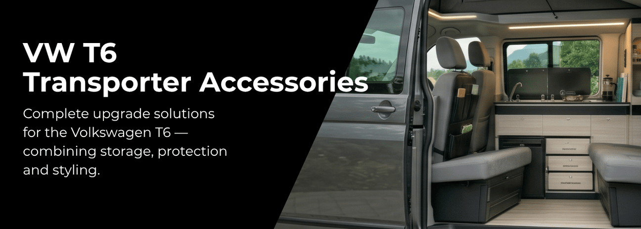 VW T6 Transporter premium parts and accessories collection featuring interior upgrades and exterior styling components