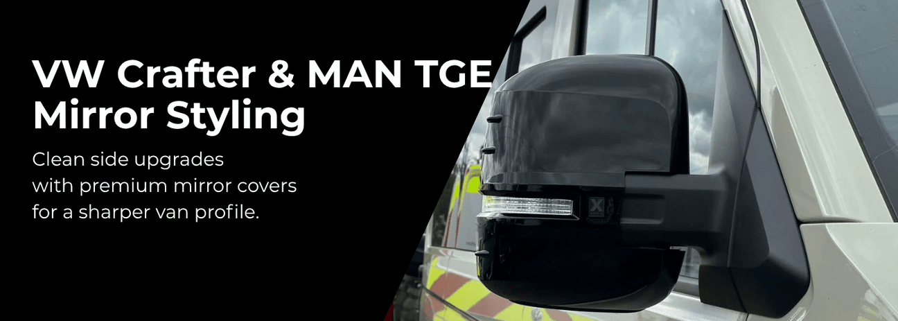 VW Crafter New Shape and MAN TGE side styling accessories including mirror covers and tinted windows