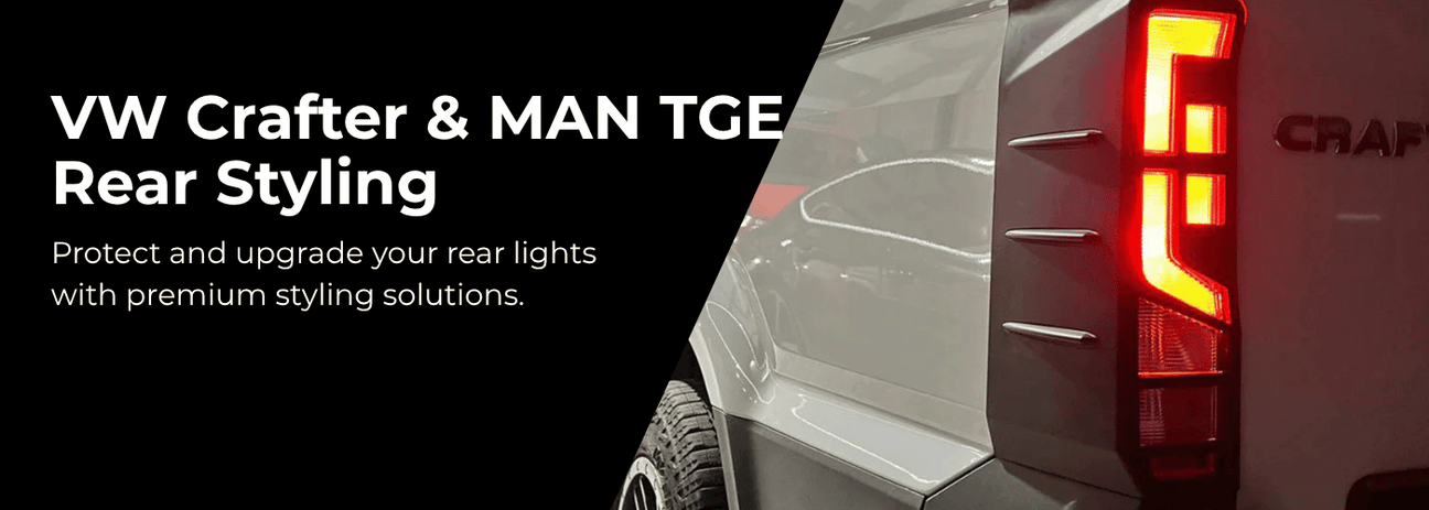 VW Crafter and MAN TGE rear light guards in matte black finish showing professional van styling protection