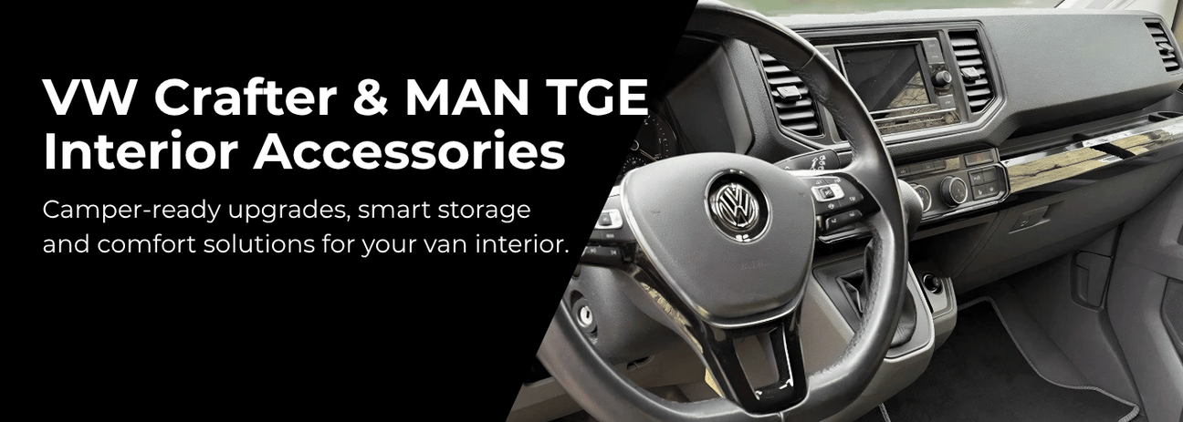 MAN TGE and VW New Crafter interior styling accessories including curtains and dashboard upgrades