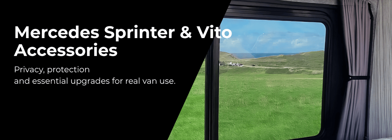 Mercedes-Benz van accessories and parts collection including curtains, styling upgrades and protection accessories