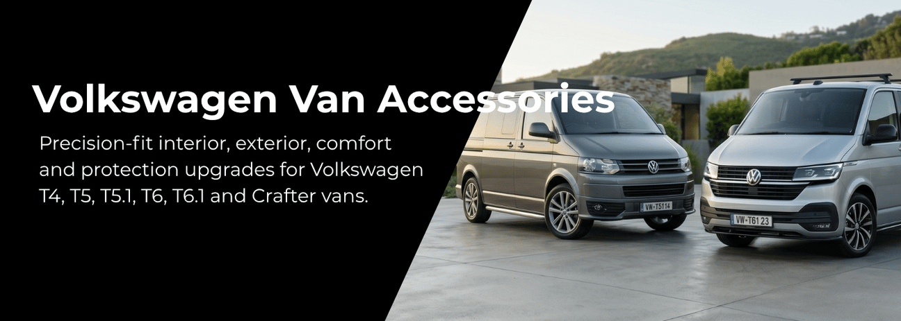 Collection of Volkswagen Transporter parts and accessories including curtains, interior upgrades and styling components