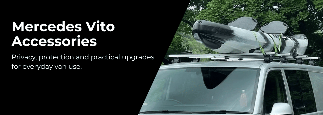 Mercedes Vito van accessories and parts collection including curtains, lights, and styling upgrades