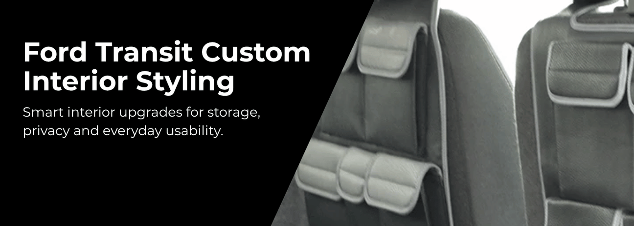 Interior styling accessories for New Ford Transit Custom 2024 including curtains and dashboard upgrades