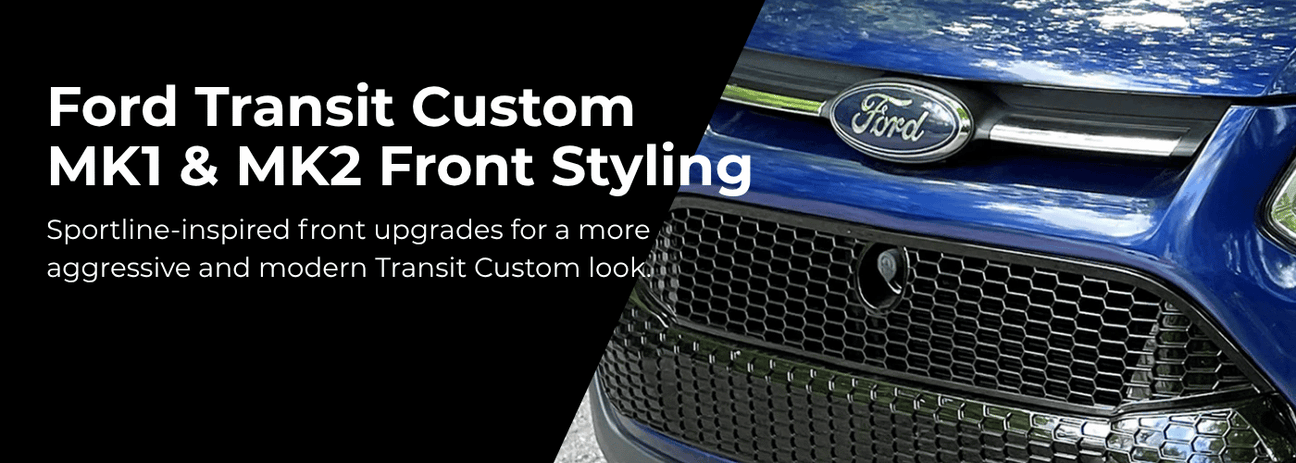 Ford Transit Custom front styling accessories including honeycomb grilles and bumper protectors for MK1 and MK2 models