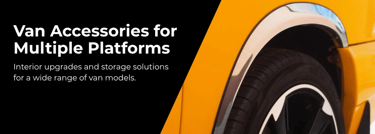 Collection of van accessories including curtain rails, wheel arch trims and storage solutions