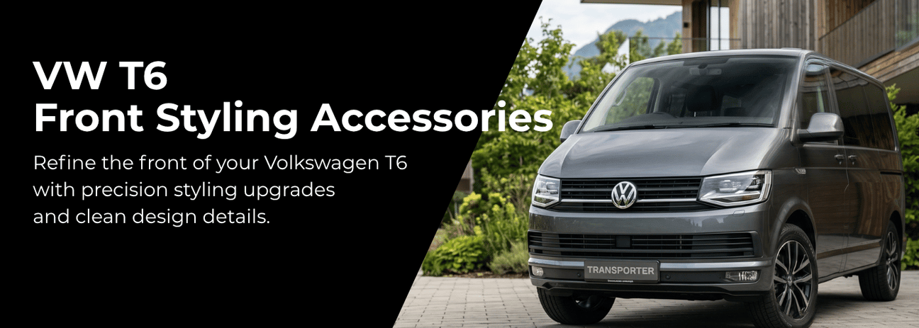 VW T6 front styling accessories including R-Line grilles and protective bonnet covers for Transporter vans