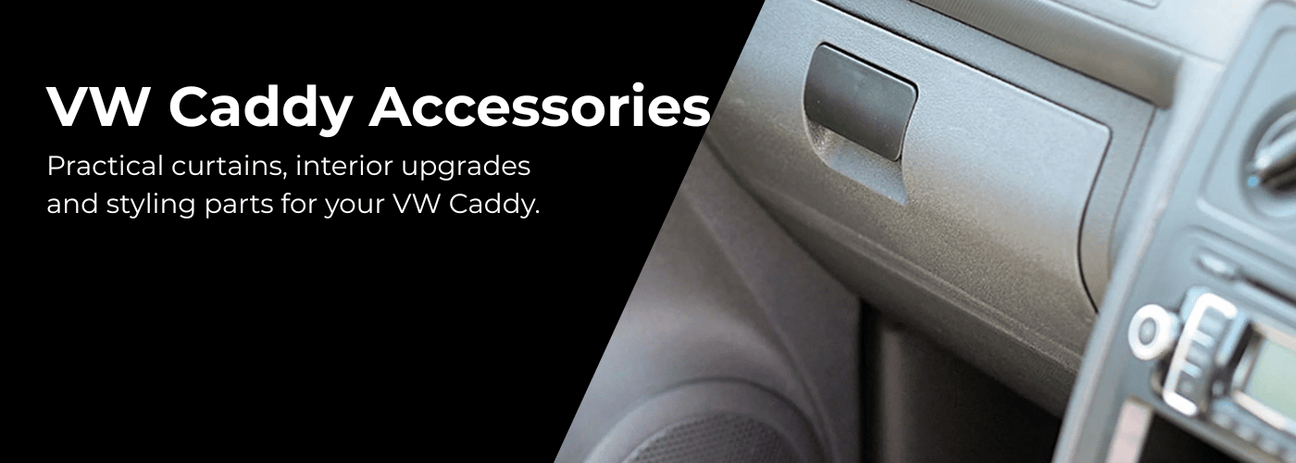 VW Caddy accessories and curtains collection featuring premium blackout curtains and interior upgrade parts