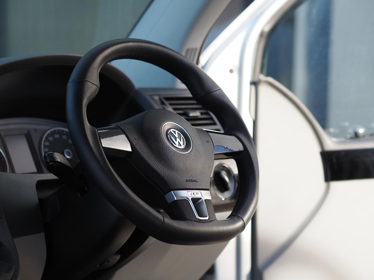 Black Perforated Leather Steering Wheel Cover For VW Transporter T5 (2003-2009) – Grey Stitch, Custom Steering LTD